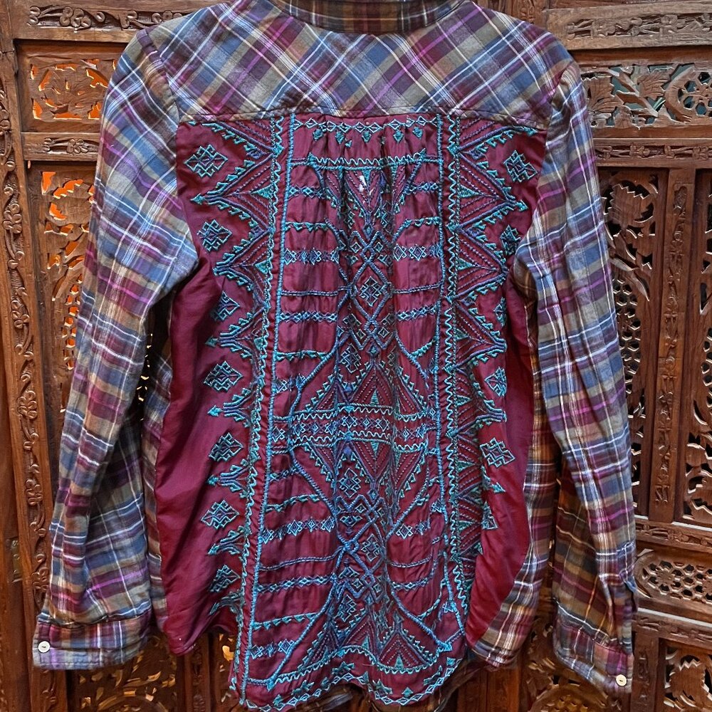 Johnny Was Plaid Embroidered-Back button down shirt, size M